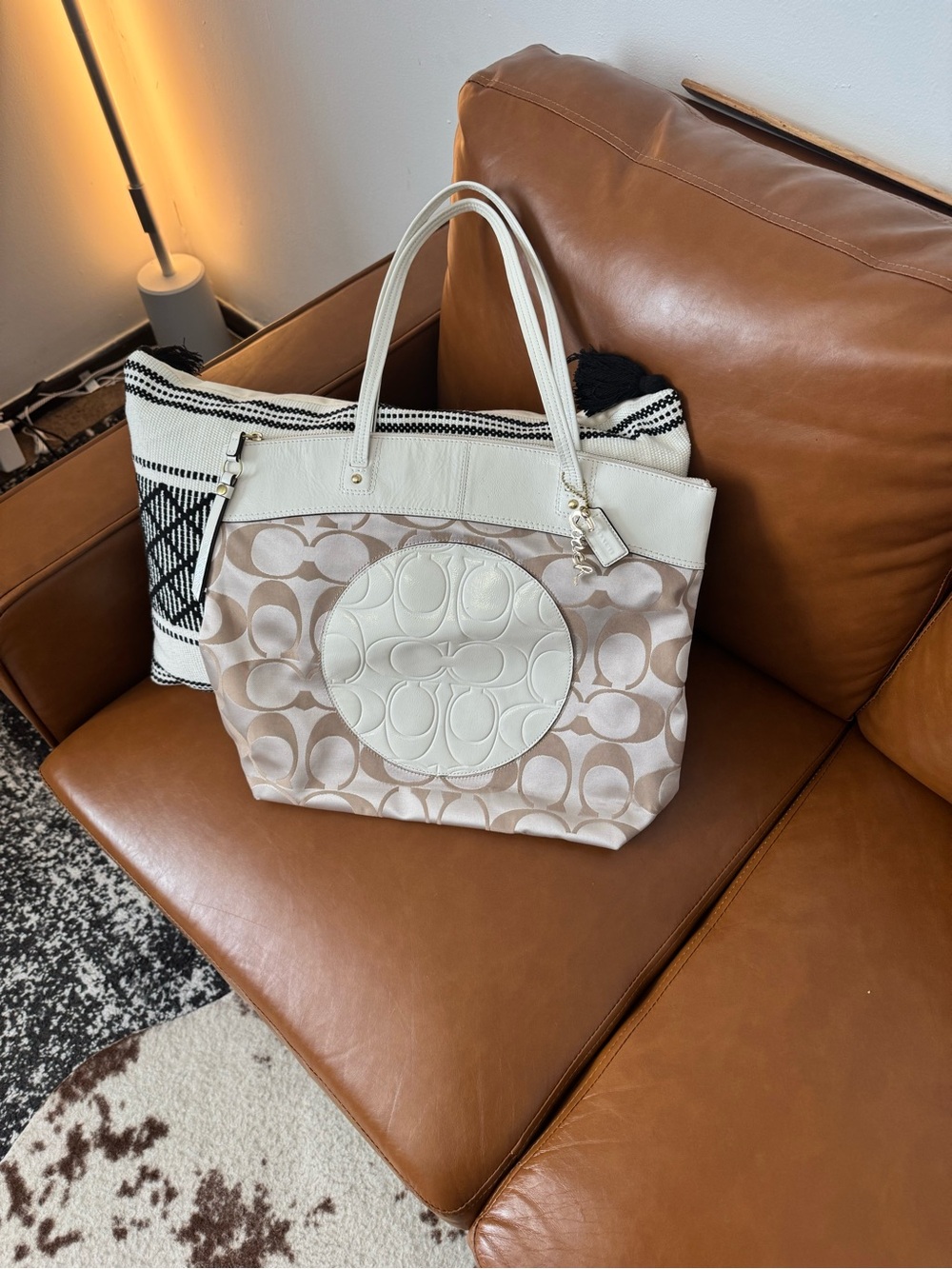 Coach Beige and Cream Signature Tote with Embossed Logo Patch